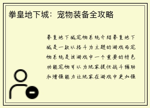 拳皇地下城：宠物装备全攻略